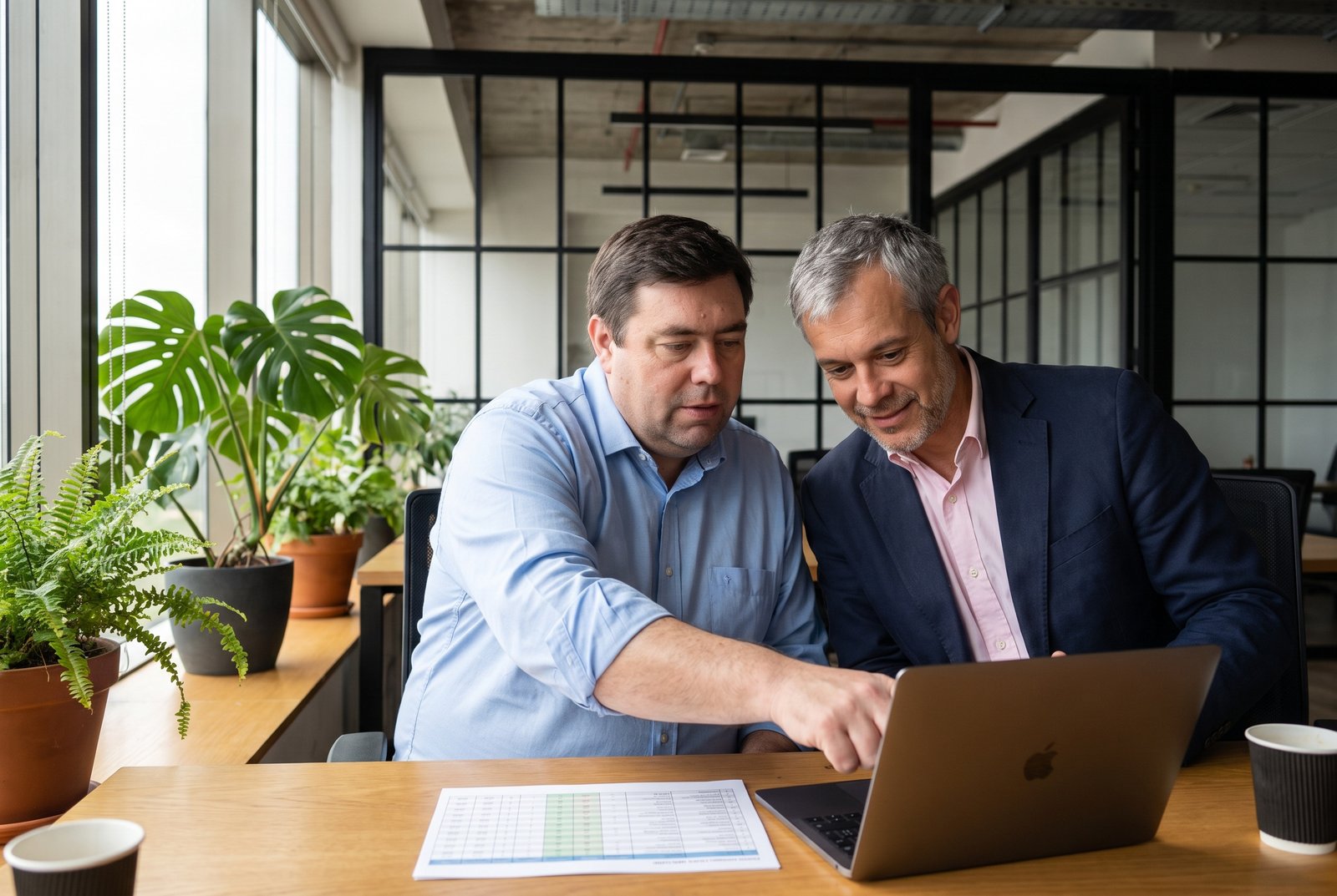 Guillermo Vásquez y Mauricio Cáceres revisando un reporte en el computador